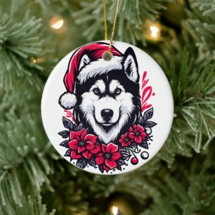 Ornamento De Cerâmica Rouco Festivo Floral Cachorro com Santa Hat Xmas P