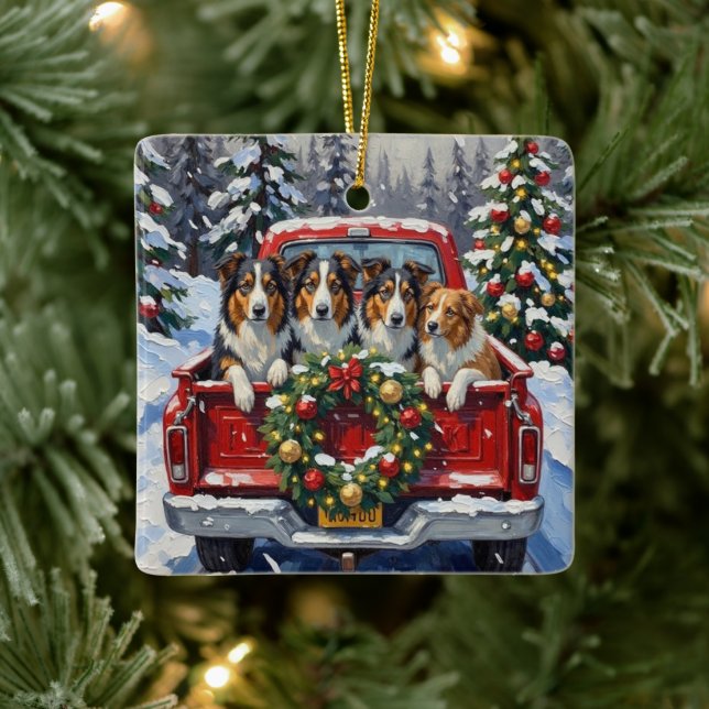 Ornamento De Cerâmica Rough Collie Christmas Red Truck Holiday (Árvore)