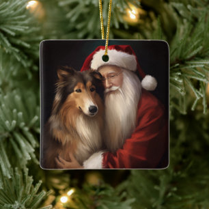 Ornamento De Cerâmica Rough Collie com Papai Noel Natal Festivo