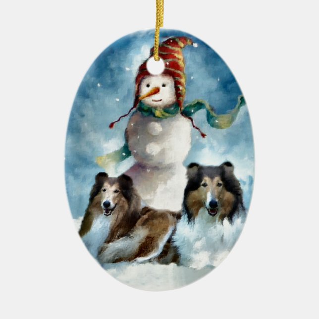 Ornamento De Cerâmica Rough Collie com Snowman no Natal (Frente)
