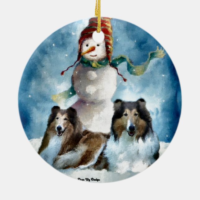Ornamento De Cerâmica Rough Collie com Snowman no Natal (Traseira)