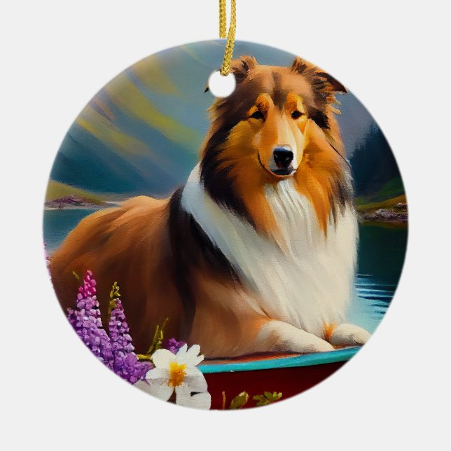 Ornamento De Cerâmica Rough Collie em um Paddle: Uma Aventura Cênica (Frente)