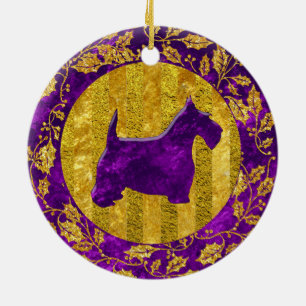 Ornamento De Cerâmica Roxo Dourado de Terrier do Scottish