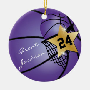 Ornamento De Cerâmica Roxo Dourado do texto do basquetebol DIY da