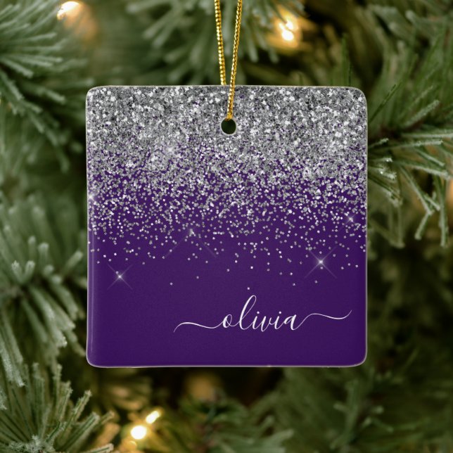 Ornamento De Cerâmica Roxo Silver Glitter Girly Glam Monograma (Árvore)