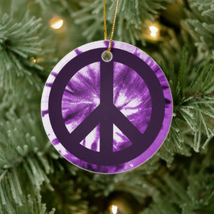 Ornamento De Cerâmica Roxo Tie-Dye com símbolo de paz