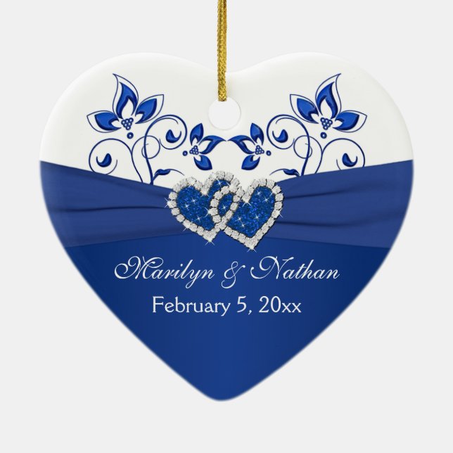 Ornamento De Cerâmica Royal Blue, White Floral Hearts 1rua Natal (Verso)