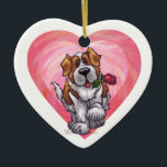 Ornamento De Cerâmica Rua Bernard Dia de os namorados<br><div class="desc">Desfile Animal O Santo Romântico Bernard Dog Personalizado Dog Dons de Coração e Amor, cartas, e acessórios trazidos para você pela Imagine isso! Design apresenta nossa trabalho de arte divertida de uma Rua marrom e branca... com um rosa bonito na boca, com corações roxos, vermelhos e cor-de-rosa atrás pintados digitalmente...</div>