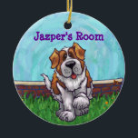 Ornamento De Cerâmica Rua. Bernard Gifts & Acessórios<br><div class="desc">Rua de animais, Enfeites de natal de cão Bernard criado pela Imagine isso! Design apresenta o nosso bonitinho bronzeado e personagem de cão branco parado num jardim com cerca vermelha de tijolos, um céu azul texturizado e uma bela e tortuosa fronteira púrpura pintada pelo talentoso artista de livros infantis Traci...</div>
