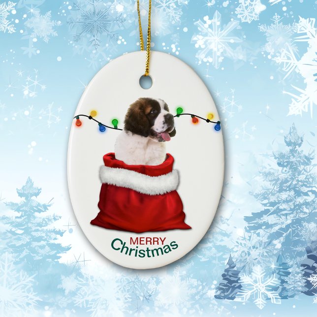 Ornamento De Cerâmica Rua Bernard Puppy Dog em Holiday Gift Bag (Criador carregado)