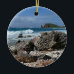Ornamento De Cerâmica Rua Thomas Rocky Beach<br><div class="desc">Uma das nossas visitas no Santo Thomas, USVI, levou-nos a esta praia rochosa. O contraste entre o céu azul e as ondas do oceano contra os tons cor-de-rosa e laranja das rochas fez disso uma foto irresistível para tirar. Veja na nossa loja mais fotos da linha costeira da ilha. Esta...</div>