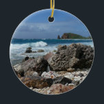 Ornamento De Cerâmica Rua Thomas Rocky Beach<br><div class="desc">Uma das nossas visitas no Santo Thomas, USVI, levou-nos a esta praia rochosa. O contraste entre o céu azul e as ondas do oceano contra os tons cor-de-rosa e laranja das rochas fez disso uma foto irresistível para tirar. Veja na nossa loja mais fotos da linha costeira da ilha. Esta...</div>