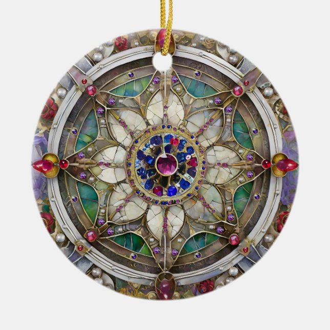 Ornamento De Cerâmica Rubí, Ametista, Safira e Mandala de Pérola (Frente)