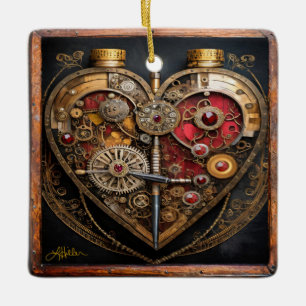 Ornamento De Cerâmica Rubis e Engrenagens Steampunk Coração Sombrio