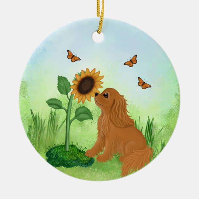 Ornamento De Cerâmica Ruby Cavalier King Charles Spaniel com Sunflower (Frente)