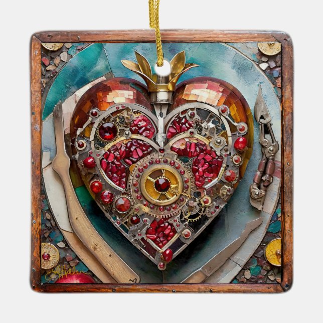 Ornamento De Cerâmica Ruby Pomegranate Heart Steampunk (Frente)