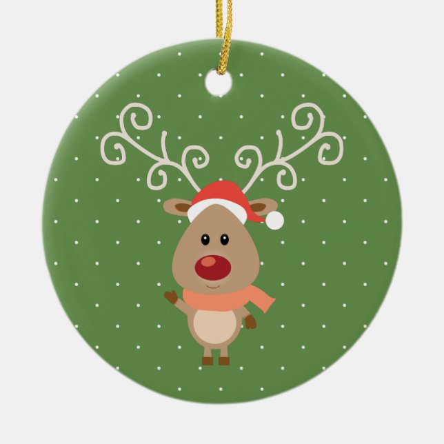 Ornamento De Cerâmica Rudolph giro o desenho das renas vermelhas (Frente)