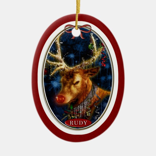 Ornamento De Cerâmica Rudy Reindeer Vermelho Digital Art (Frente)