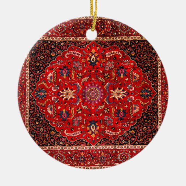 Ornamento De Cerâmica Rug Persa Vermelho de Mashhad (Frente)