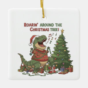 Ornamento De Cerâmica Rugindo em Volta da Árvore de Natal T-Rex Engraçad
