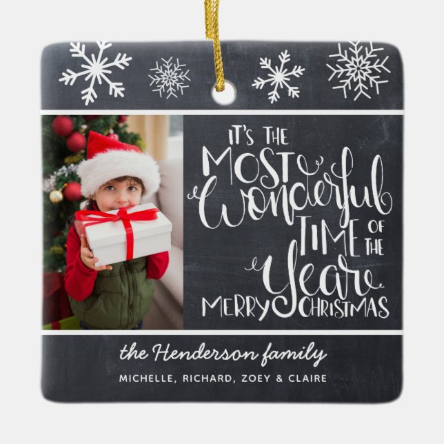 Ornamento De Cerâmica Rustic Chalkboard Snowflake Feliz Natal Feliz (Frente)