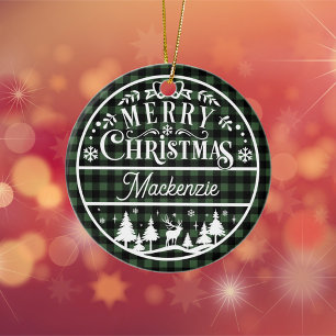 Ornamento De Cerâmica Rustic Felry Natal Verde e Xadrez Negra Personaliz