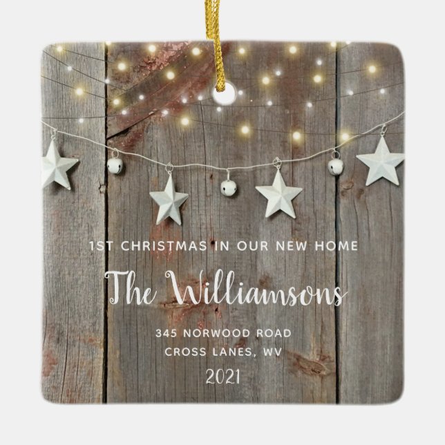 Ornamento De Cerâmica Rustic First Christmas New Home Photo Wood Ornamen (Frente)