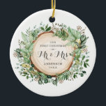 Ornamento De Cerâmica Rustic Greenery Primeiro Natal como Sr. e Sra.<br><div class="desc">Este Enfeites de natal de inspiração botânica apresenta uma bela ilustração de aquarela de verde-luxuoso. Os campos de texto são totalmente editáveis.</div>