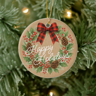 Ornamento De Cerâmica Rustic Holly Wreath Red Black Checking Arco