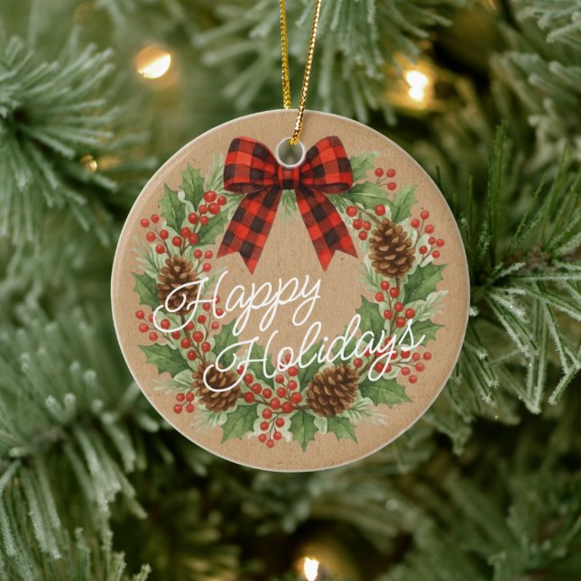 Ornamento De Cerâmica Rustic Holly Wreath Red Black Checking Arco (Árvore)