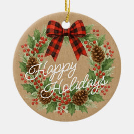 Ornamento De Cerâmica Rustic Holly Wreath Red Black Checking Arco