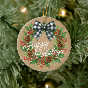 Ornamento De Cerâmica Rustic Holly Wreath White Black Checking Arco