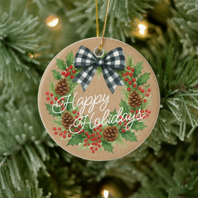 Ornamento De Cerâmica Rustic Holly Wreath White Black Checking Arco (Árvore)