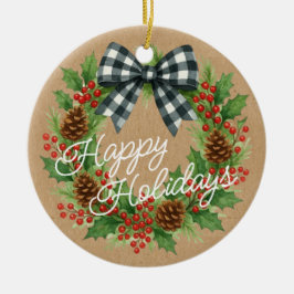 Ornamento De Cerâmica Rustic Holly Wreath White Black Checking Arco