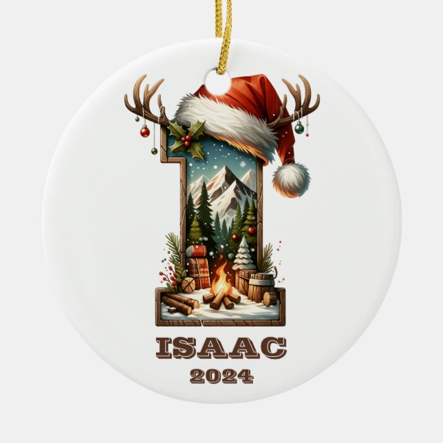 Ornamento De Cerâmica Rustic - Letra I com Santa Hat e cena de inverno (Frente)