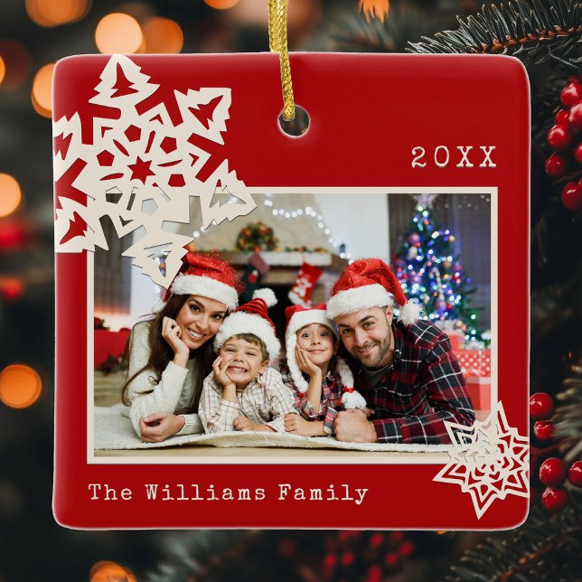 Ornamento De Cerâmica Rustic Modern Photo DIY Snowflake Family Name (Criador carregado)