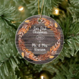 Ornamento De Cerâmica Rustic Pampas Nosso Primeiro Natal Sr.| Sra. Photo