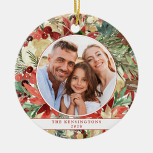 Ornamento De Cerâmica Rustic Red Holiday Floral Christmas Photo Cerâmic