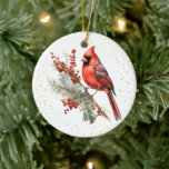 Ornamento De Cerâmica Rustic Watercolor Winter Cardinal Holly Branch<br><div class="desc">Na moda e festivo,  esta Rústica Aquarela Cardeal de inverno Holly Branch design com neve dourada manterá a natureza convosco a qualquer momento do ano. A design apresenta um cardeal de aquarela sentado no topo de um galho de morango sagrado,  fazer excelente para o inverno e Natal.</div>