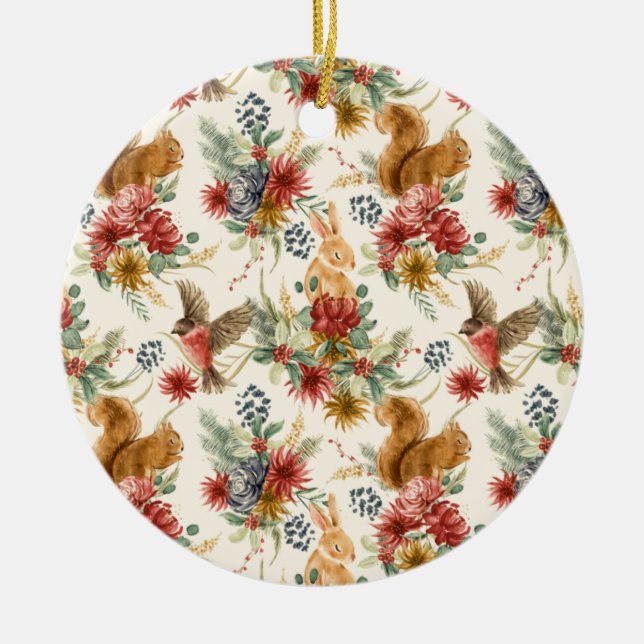 Ornamento De Cerâmica Rustic Watercolor Woodland Animal Pattern (Frente)