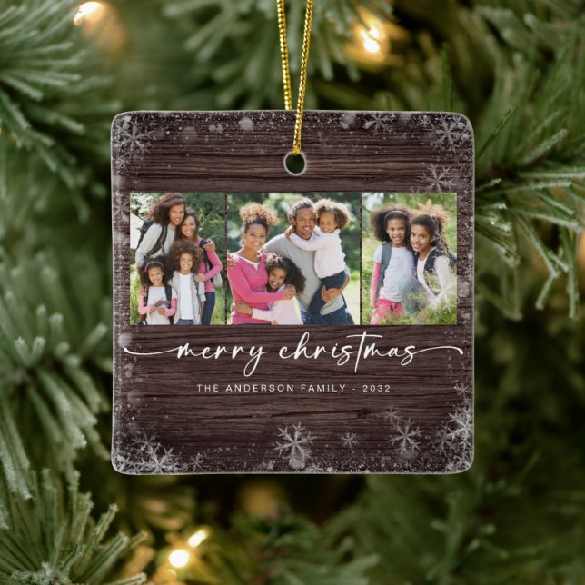 Ornamento De Cerâmica Rustic Wood Snowflake Foto Feliz Natal (Árvore)