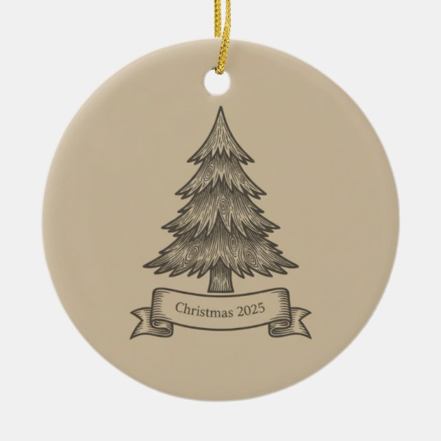 Ornamento De Cerâmica Rustic Wooden Tree Illustration Christmas Decor (Frente)