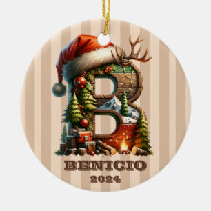 Ornamento De Cerâmica Rustic Woodland - Letra B com Decoração de Férias