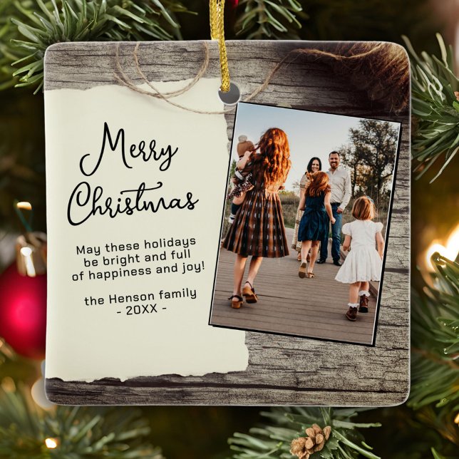 Ornamento De Cerâmica Rústico Madeira Papel Velho Feliz Natal Familiar (Criador carregado)