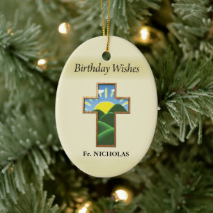 Ornamento De Cerâmica Sacerdote Cruzado de Aniversário Personalizado