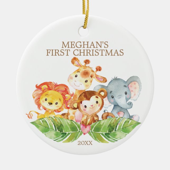 Ornamento De Cerâmica Safari Animal Baby's First Christmas Ornament (Frente)