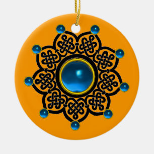Ornamento De Cerâmica Safira azul do SOL GÓTICO, gemas vermelhas do rub
