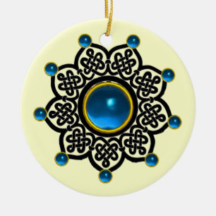 Ornamento De Cerâmica Safira azul do SOL GÓTICO, gemas vermelhas do rub