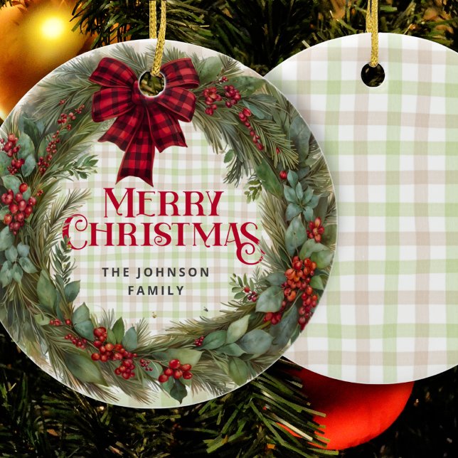 Ornamento De Cerâmica Sage Green Gingham Farmhouse Wreath (Criador carregado)