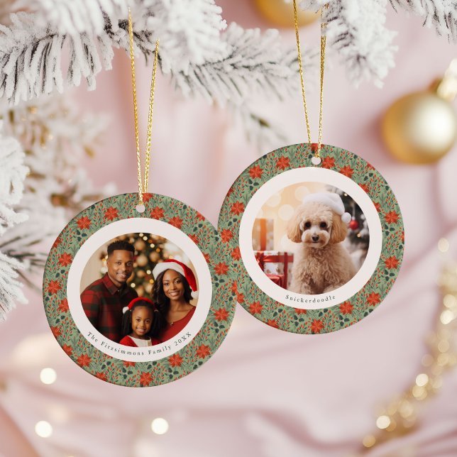 Ornamento De Cerâmica Sage Green Poinsettia 2 Family Photos Christmas (Poinsettia Season 2 Photo Christmas Ornament sage green)